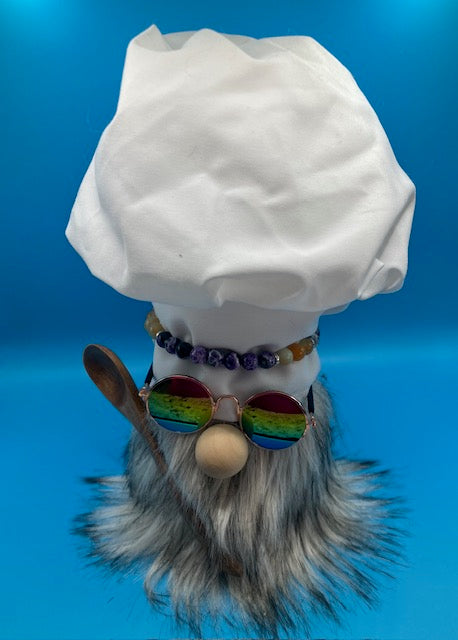 Handcrafted chef gnome decoration for your kitchen. Whimsical inspired design, perfect gift for food lovers and home chefs. One-of-a-kind artisan piece.