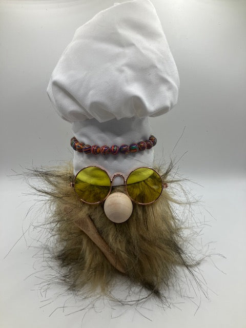 Handcrafted chef gnome decoration for your kitchen. Whimsical inspired design, perfect gift for food lovers and home chefs. One-of-a-kind artisan piece.